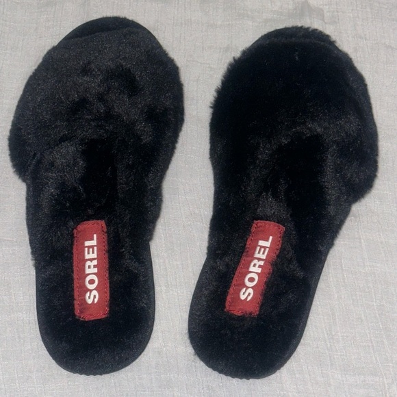 SOREL Hadley slide women’s slip on sandals/slippers fuzzy black size 8 - Picture 1 of 4